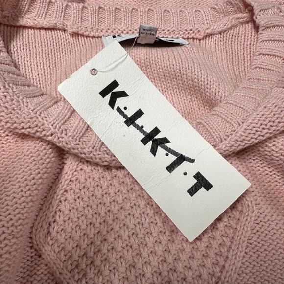 KIKIT NWT Pink Cable Knit Fringe Sleeve Trim Crew Neck Sweater Size L Rib Trim - Picture 6 of 10